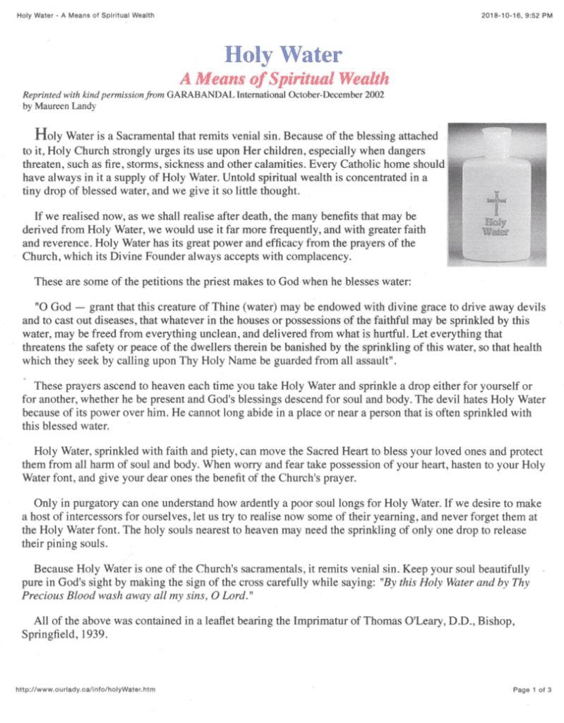 Article discussing spiritual benefits of holy water.