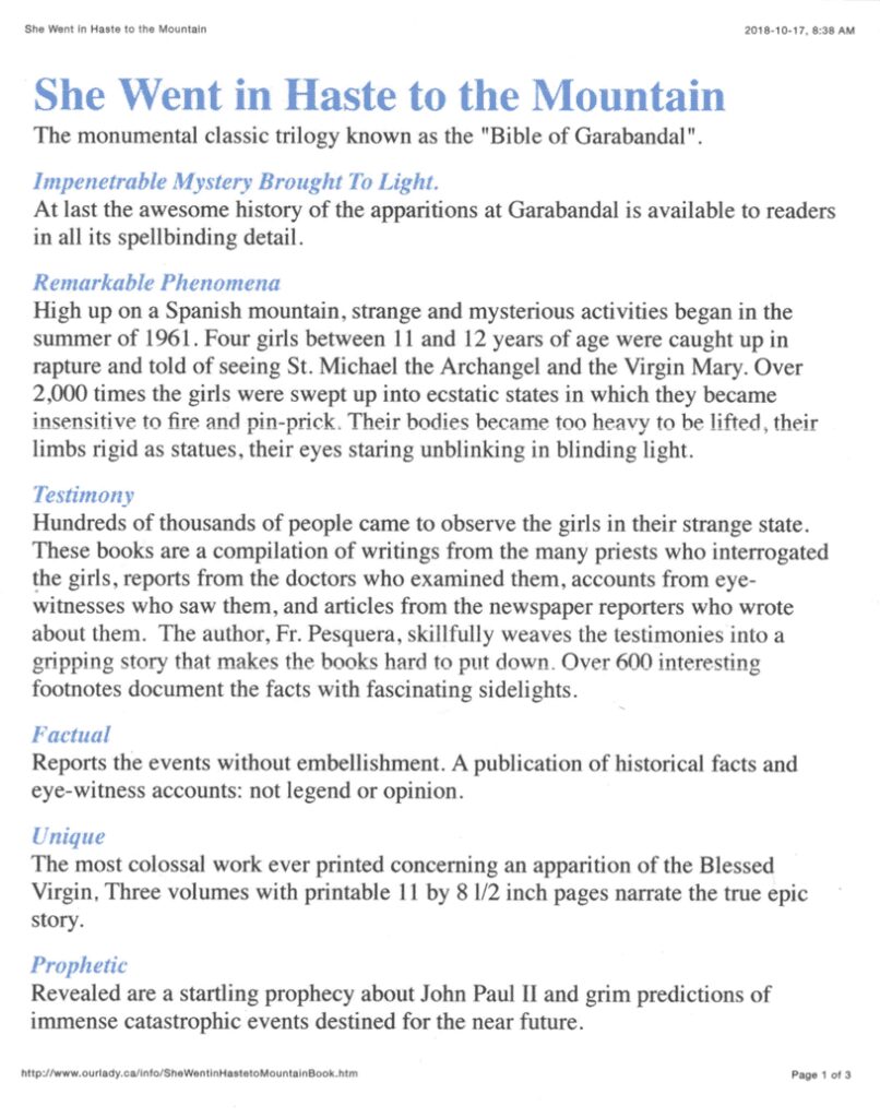 Document about apparitions at Garabandal, Spain.
