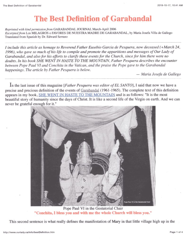 Document discussing Garabandal and Pope Paul VI.