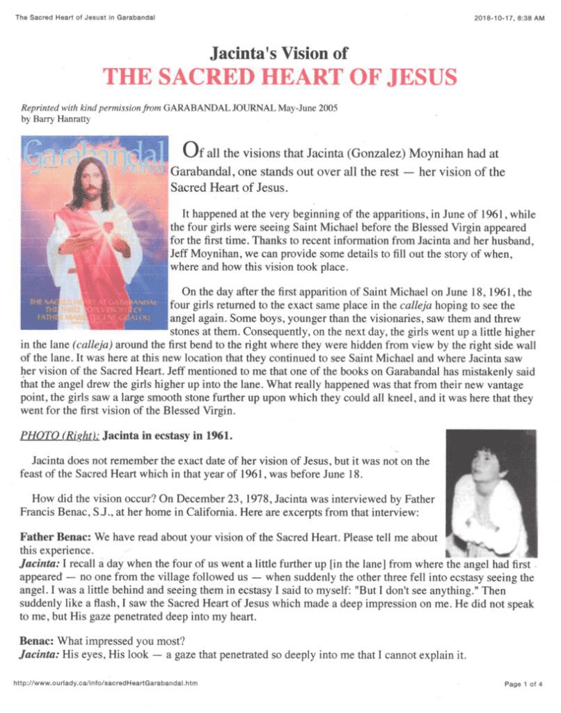 Jacinta's vision of the Sacred Heart article.