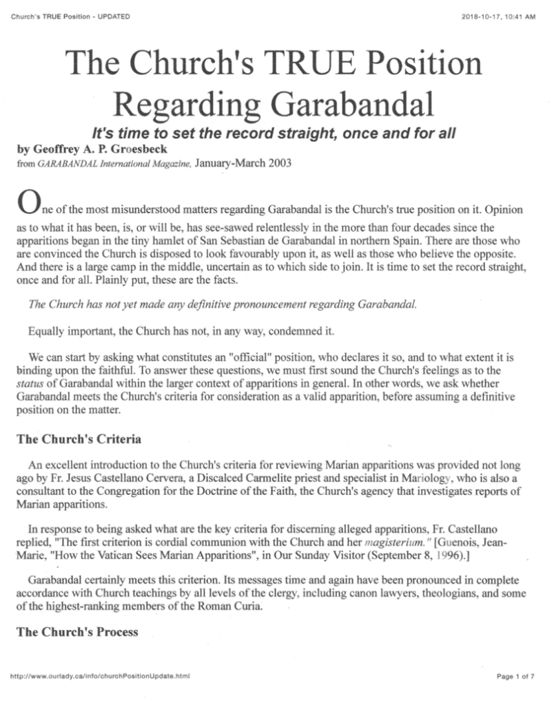 Document discussing the Church's position on Garabandal.