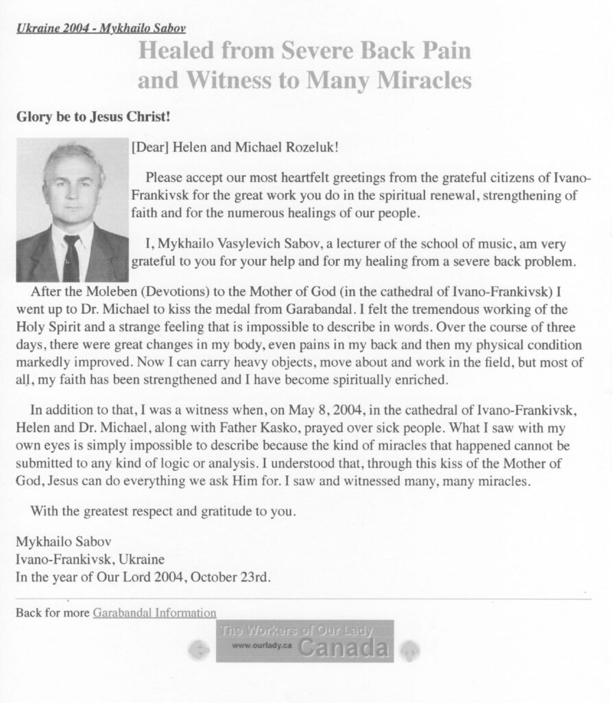 Testimonial letter about healing and miracles.