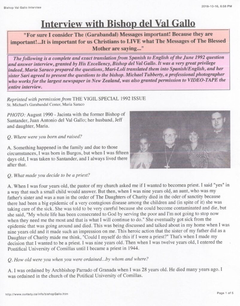 Interview with Bishop del Val Gallo, 1992.