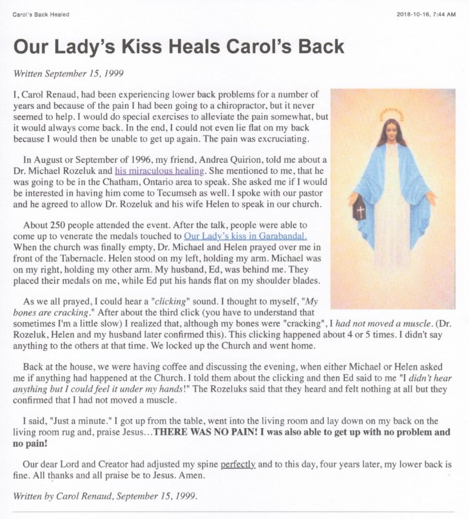 Religious testimonial text with image of Mary.