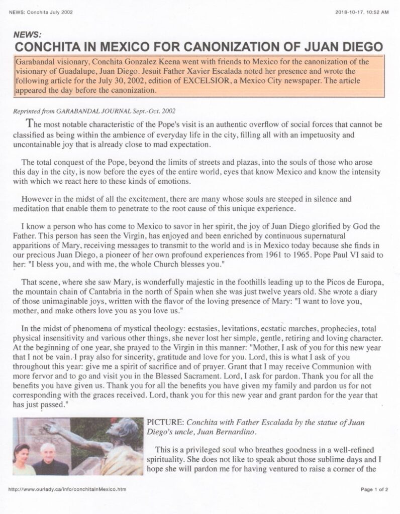 Newspaper article about Juan Diego’s canonization.