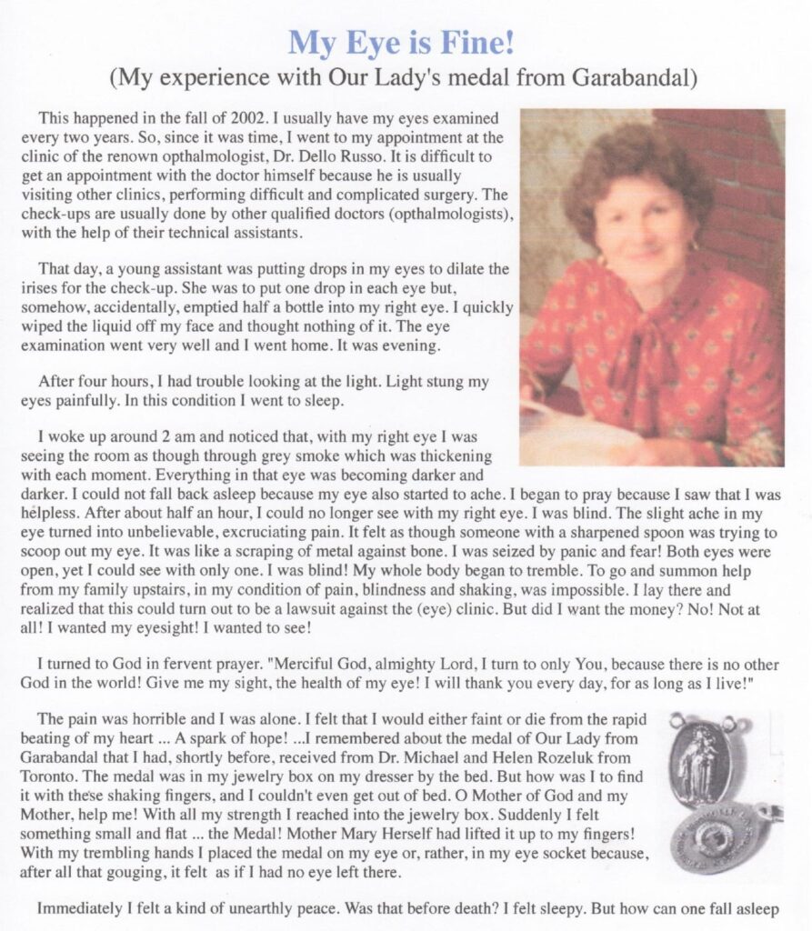 Text about an eye experience and a woman.
