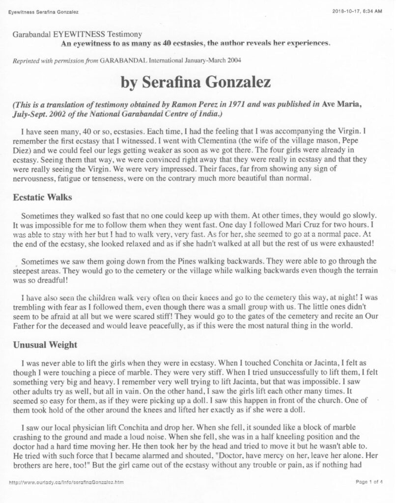 Document titled "Garabandal Eyewitness Testimony.