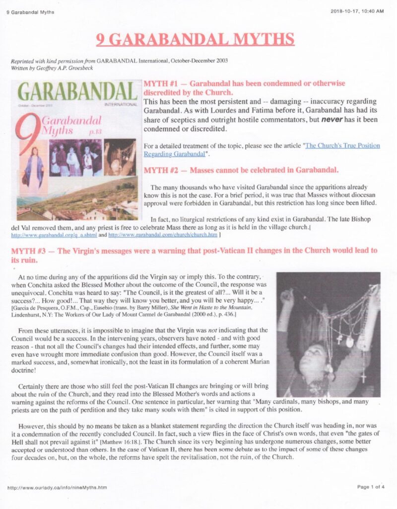 Document discussing nine Garabandal myths overview.