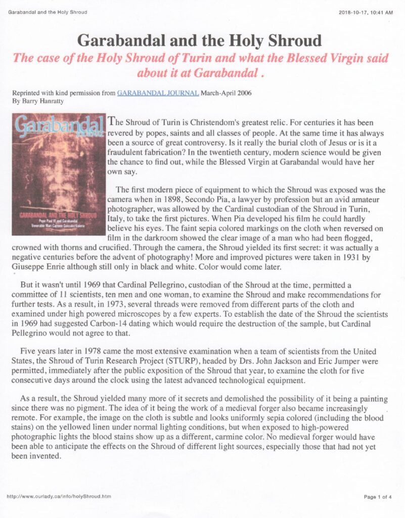 Article about Garabandal and the Holy Shroud.