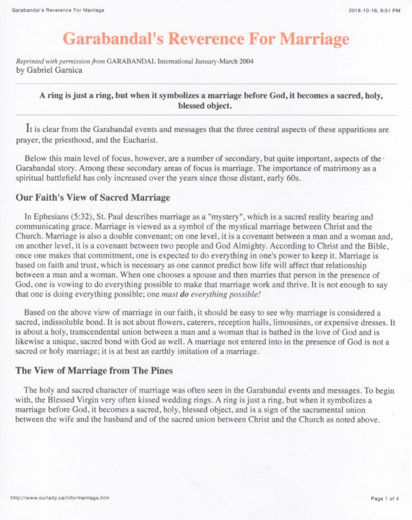 Document about Garabandal's reverence for marriage.
