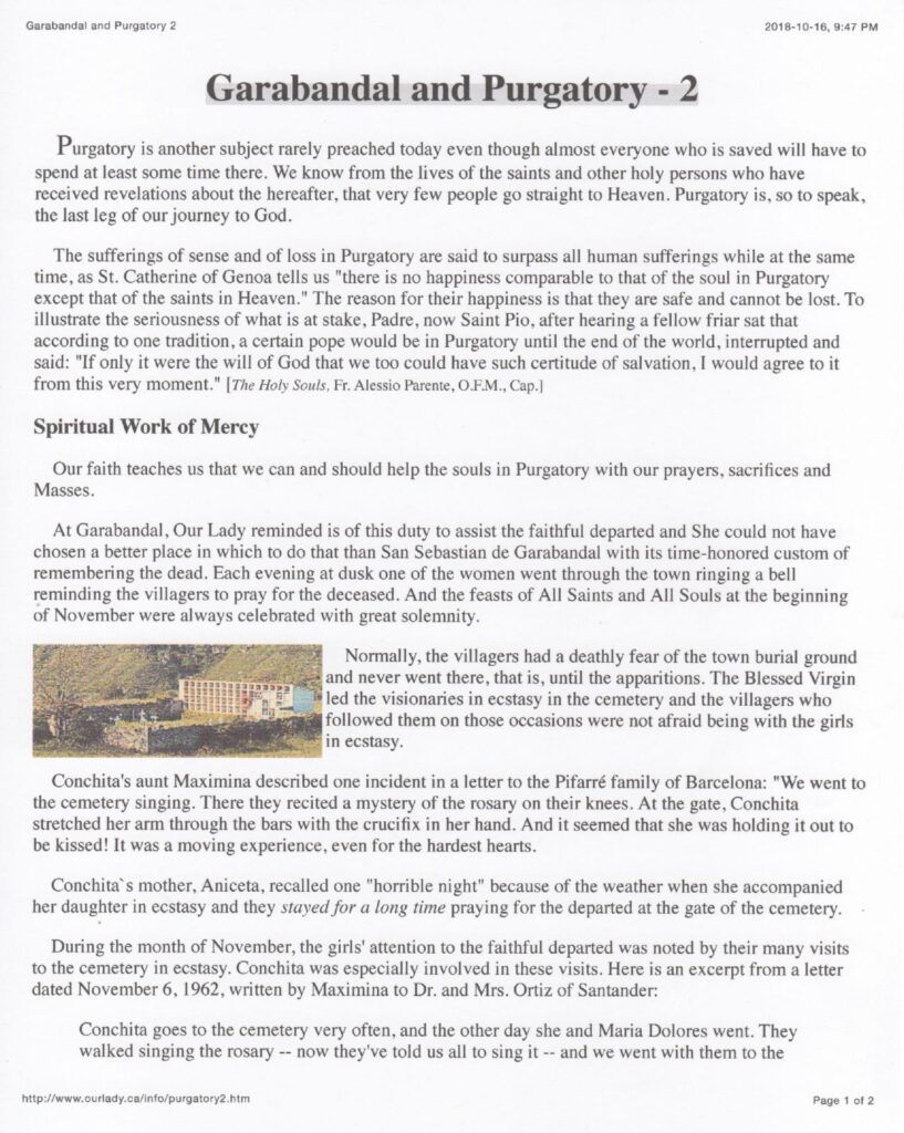 Religious text about Garabandal and Purgatory.