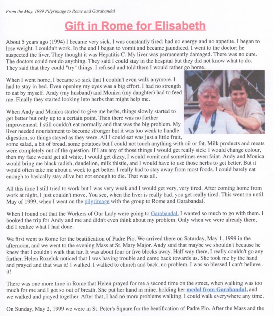 Document titled "Gift in Rome for Elisabeth".