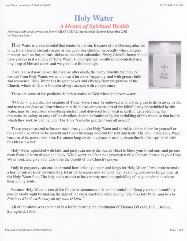 Holy Water article with small bottle image.