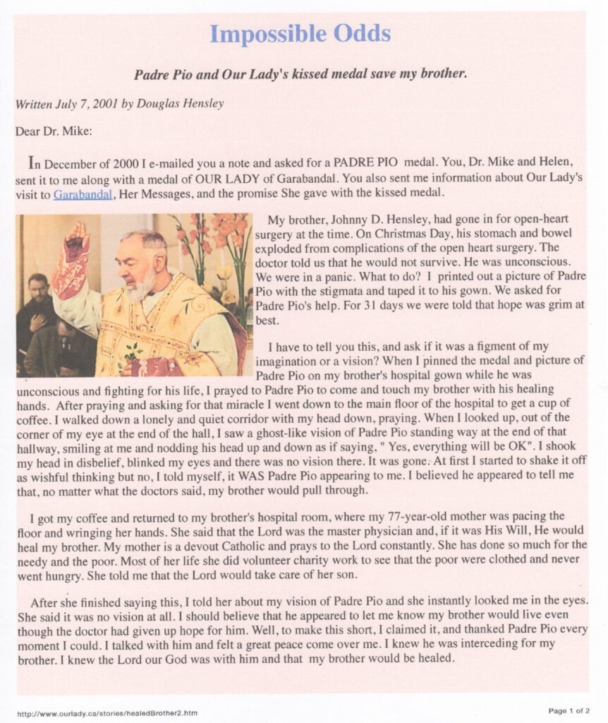 Letter about Padre Pio and a miracle.