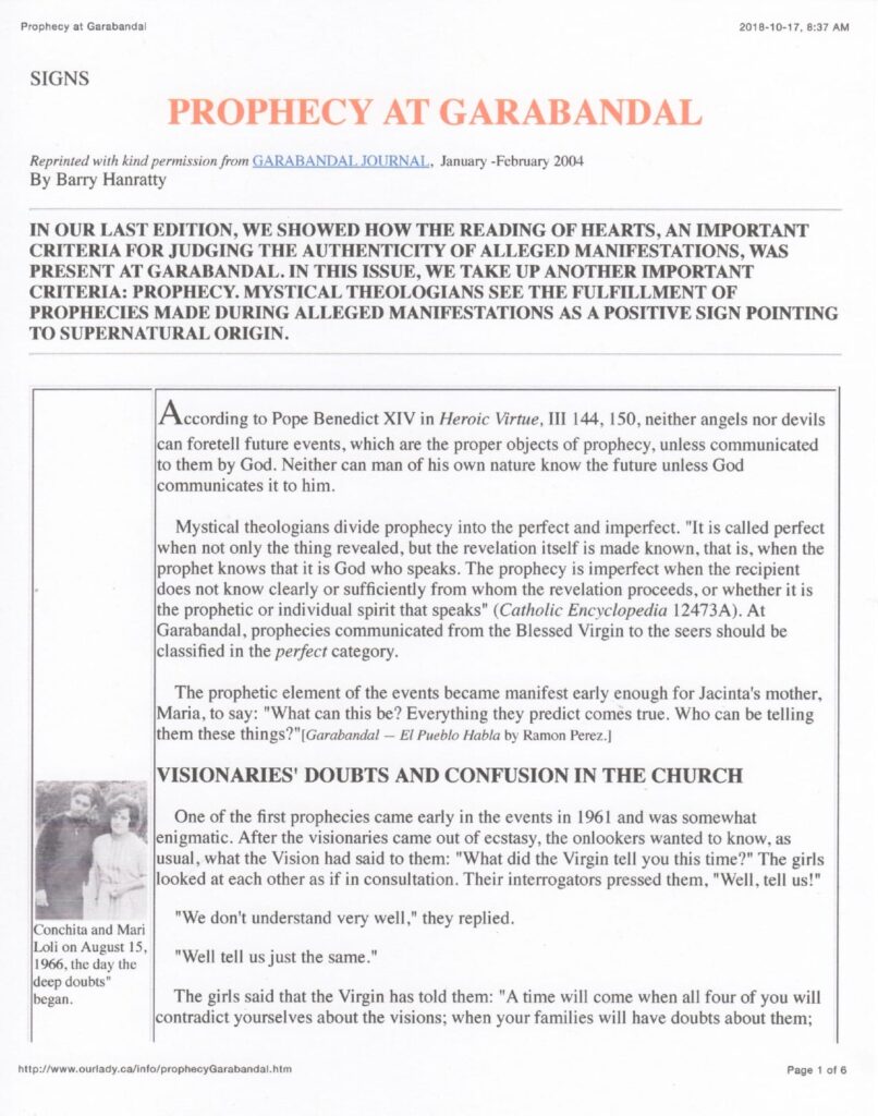Document titled "Prophecy at Garabandal" article.