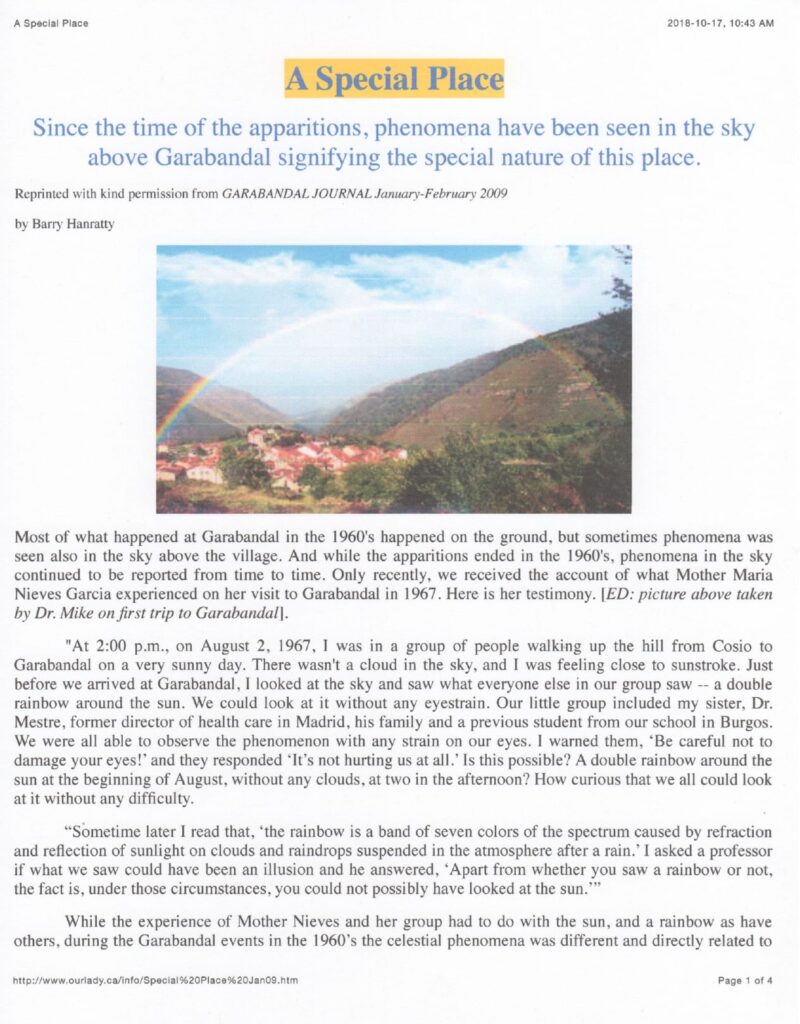 Text about Garabandal with rainbow image.