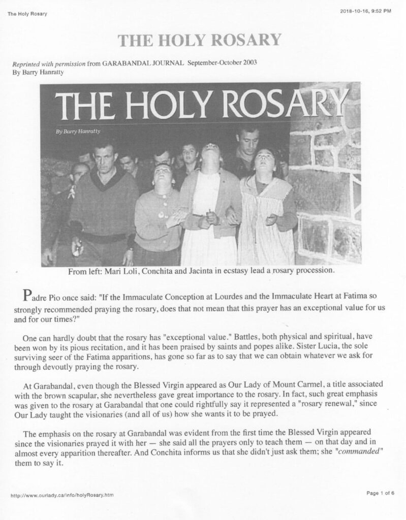 The Holy Rosary image with three people.