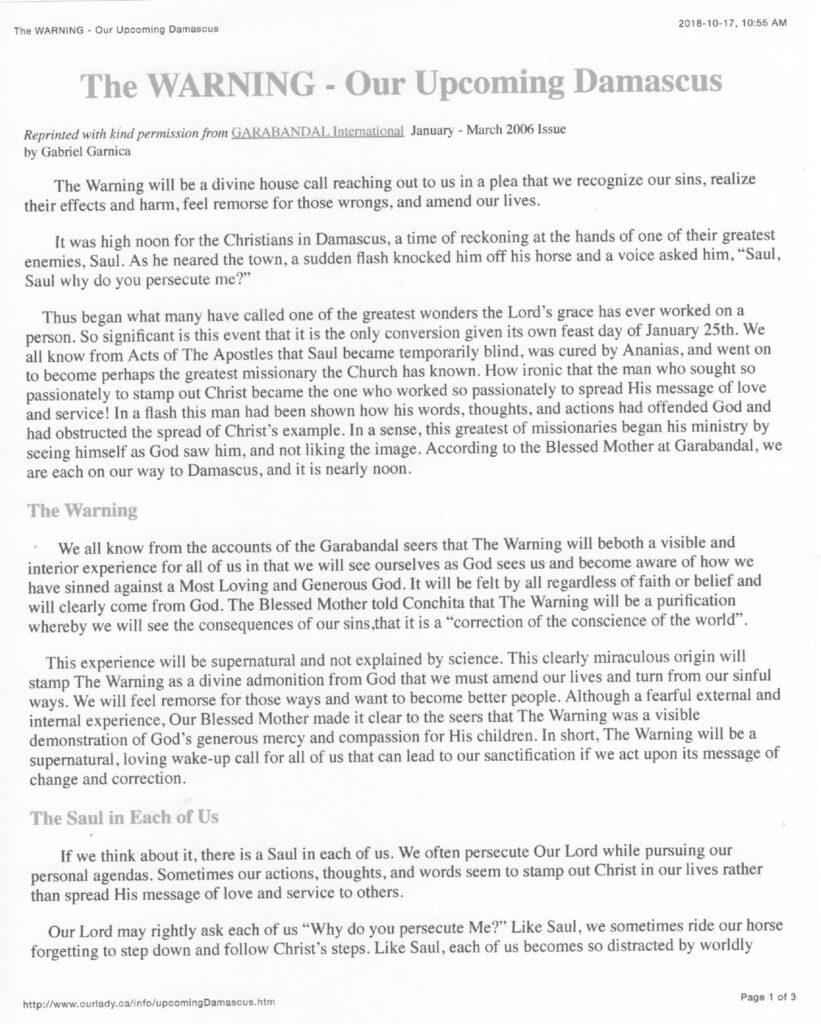 Document discussing a warning and divine intervention.