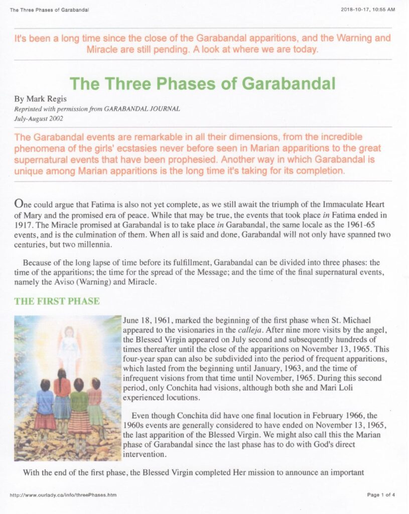 Text discussing the Three Phases of Garabandal.