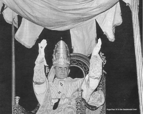 Pope in ceremonial attire on throne.
