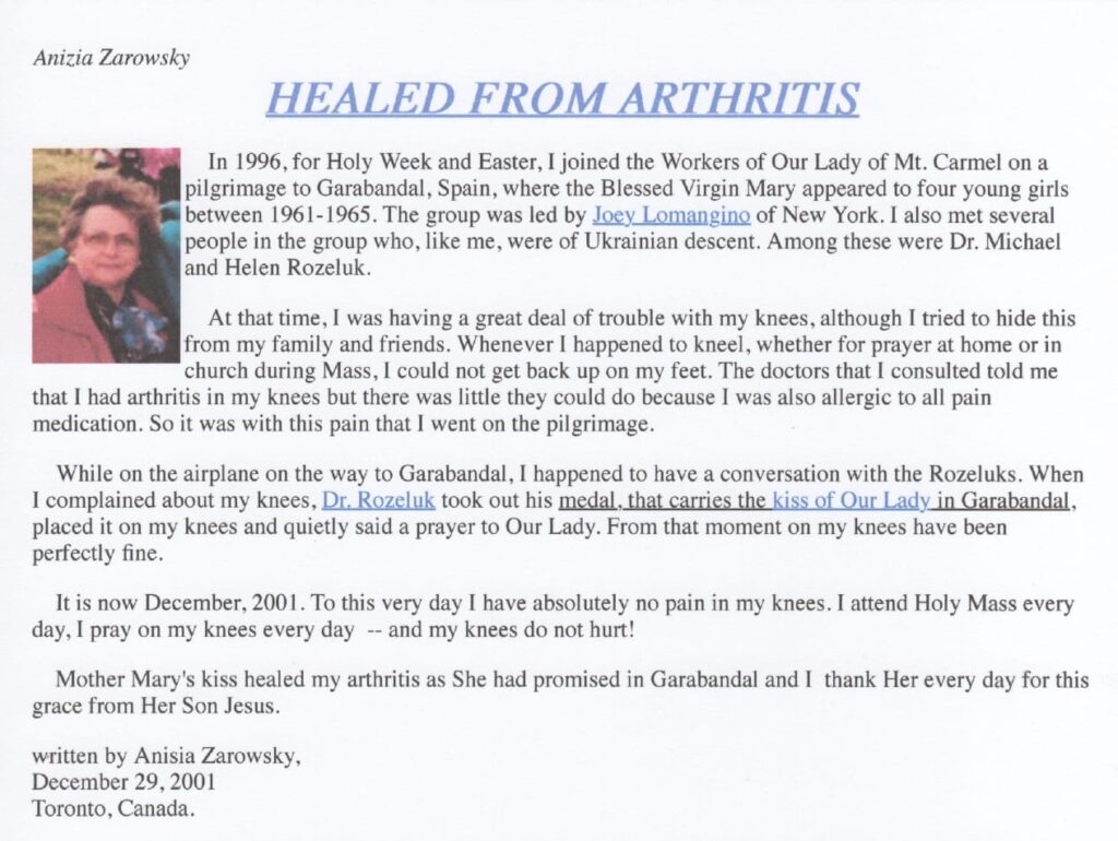 Testimonial letter titled "Healed from Arthritis.