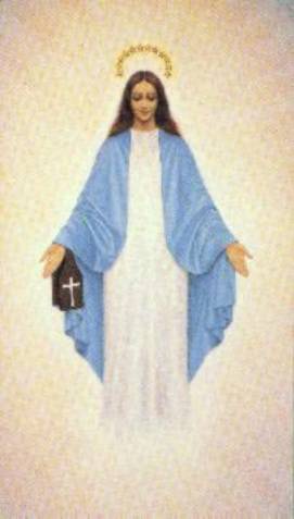 Religious figure in blue with halo.