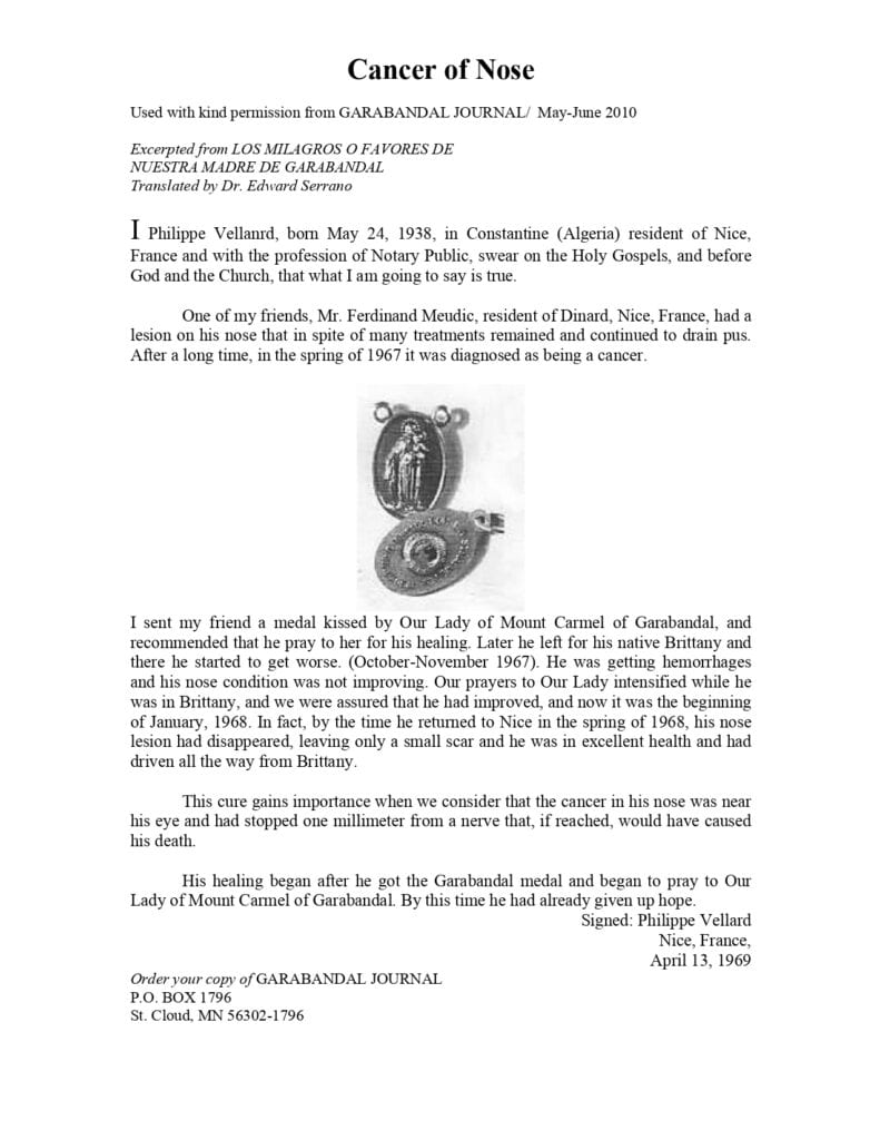 Text document about a nose cancer miracle.