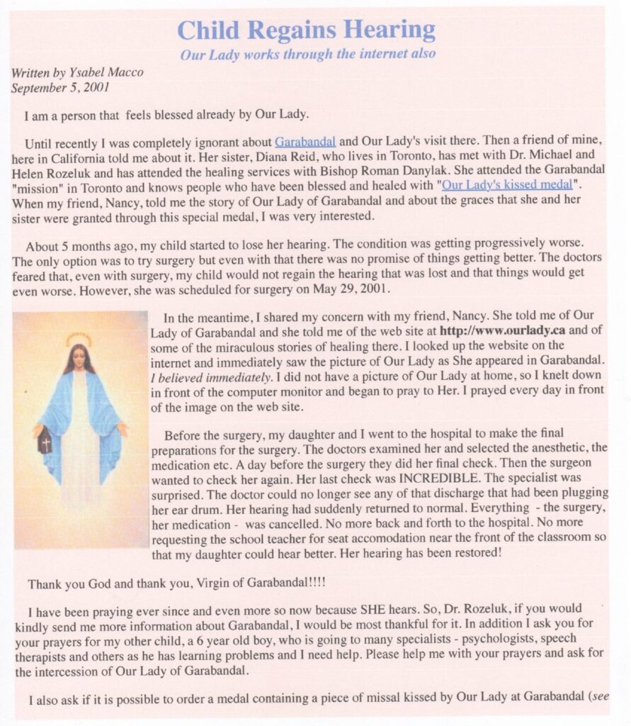 Article about child regaining hearing miracle.