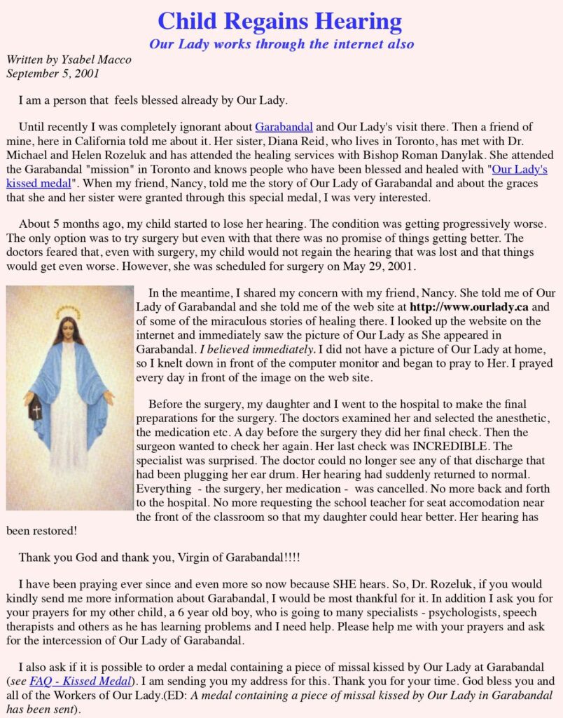 Religious testimony with image of Our Lady.