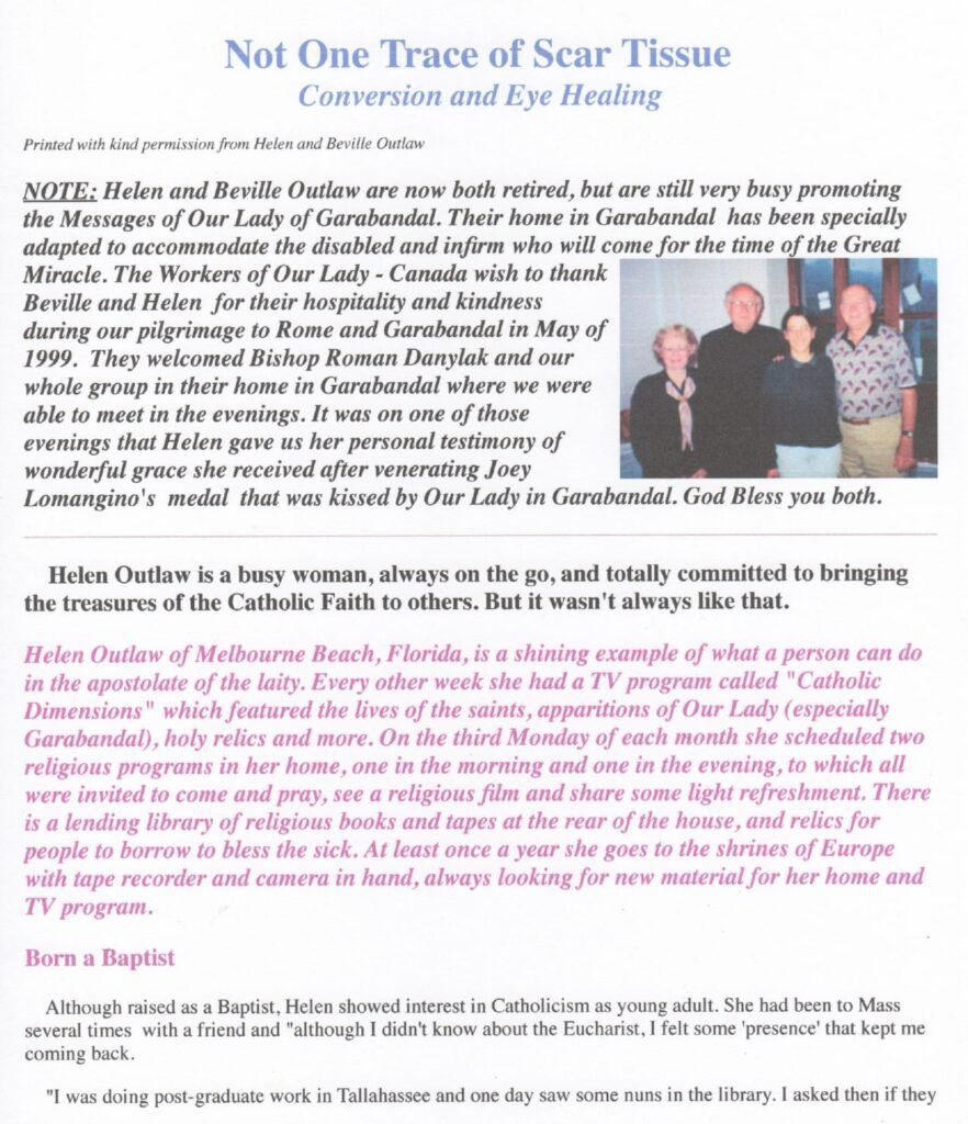 Religious testimonial pamphlet with a group photo.