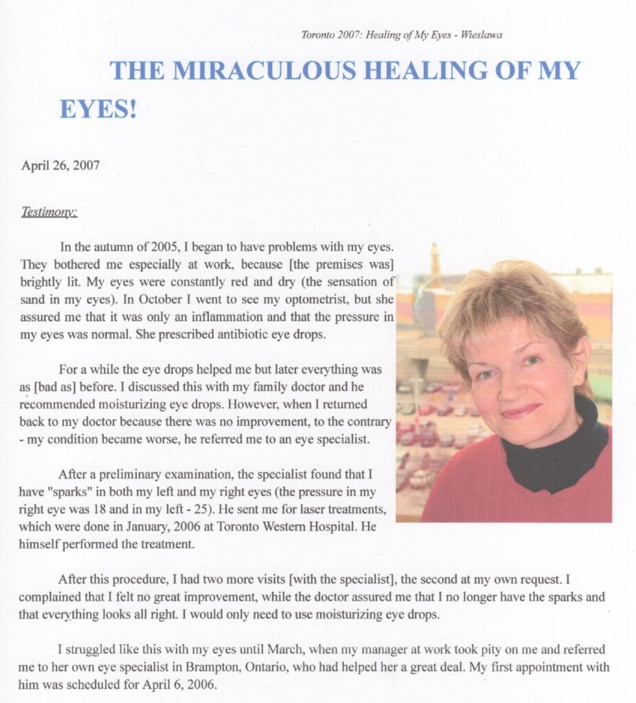 Document titled "The Miraculous Healing of My Eyes.