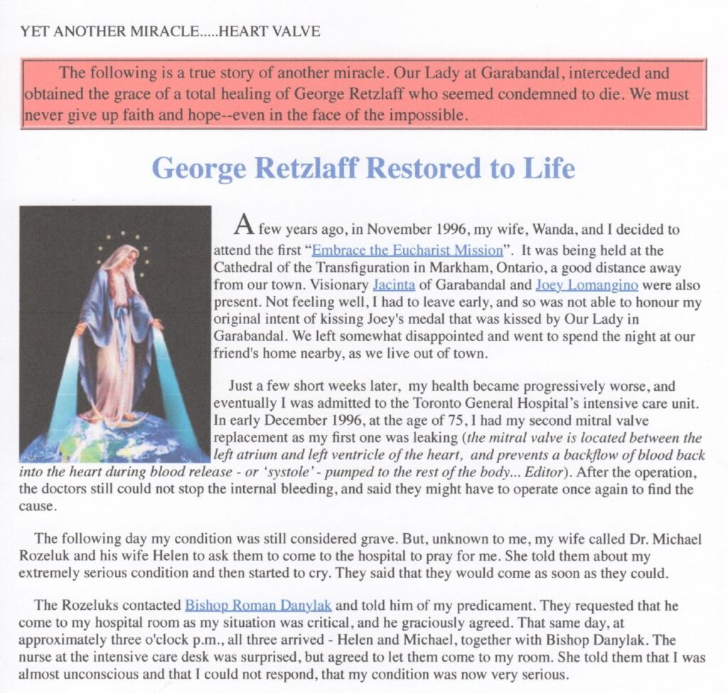 Miracle story about George Retzlaff's healing.