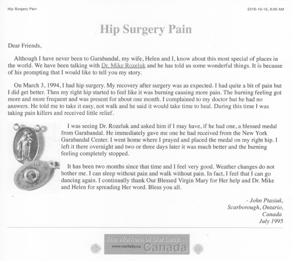 Letter titled "Hip Surgery Pain" testimonial.