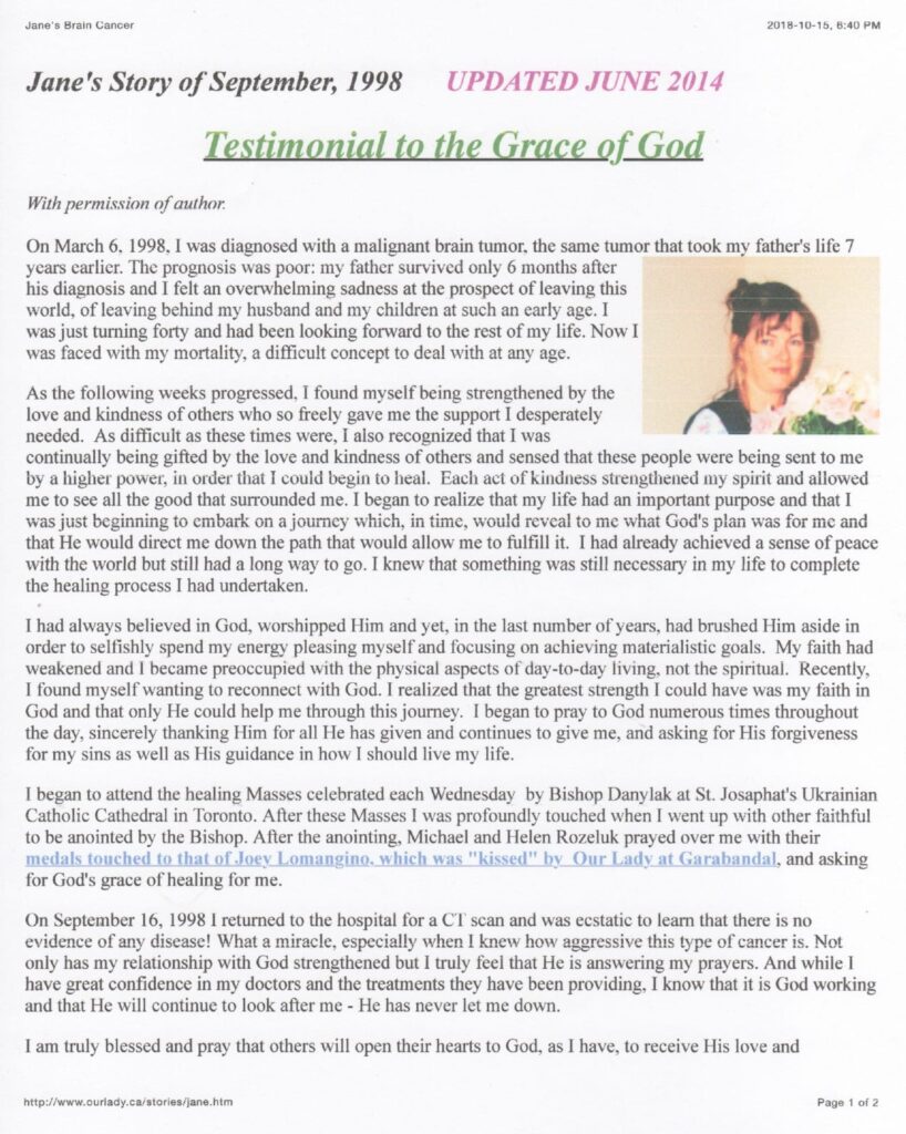 Testimonial about surviving brain cancer with faith.