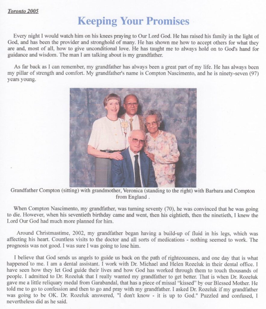 Elderly couple with family portrait and text.