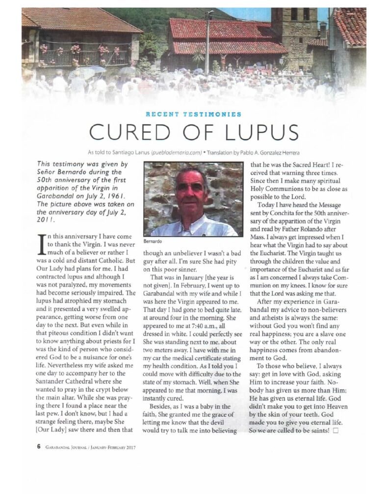 Magazine page titled "Cured of Lupus" testimony.