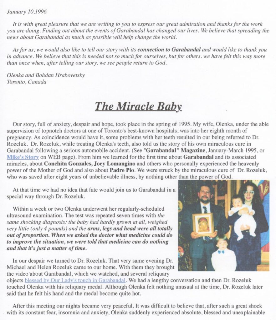 Letter about a miracle baby and event.