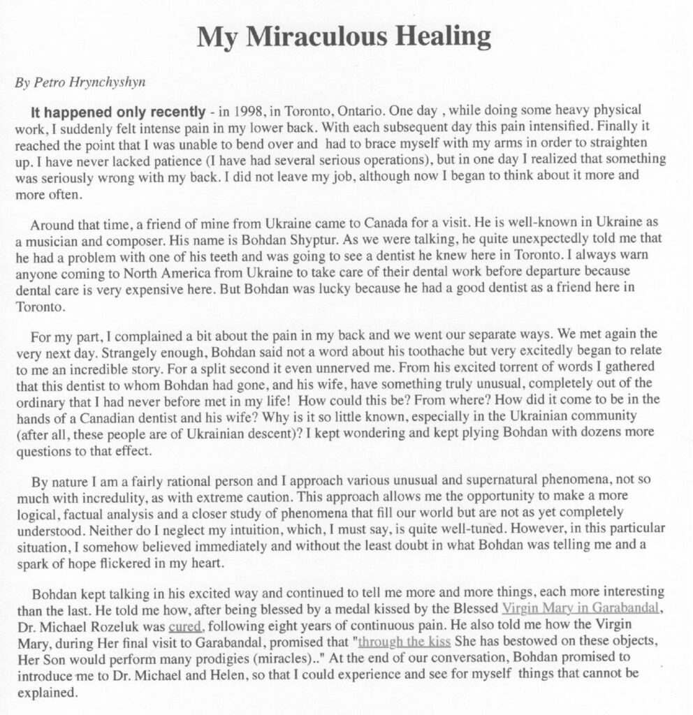 Text document titled "My Miraculous Healing".