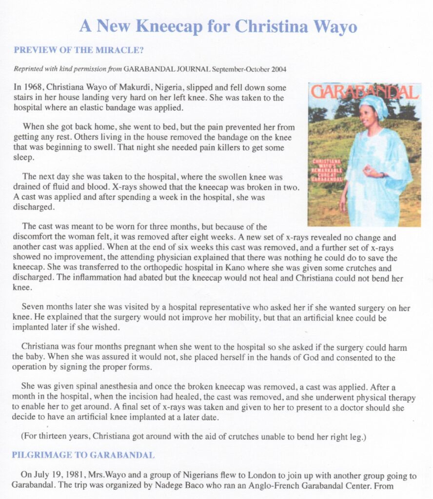 Article about Christina Wayo's kneecap miracle.