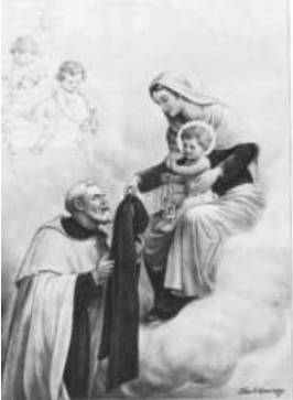 Saint kneeling before Mary and child.