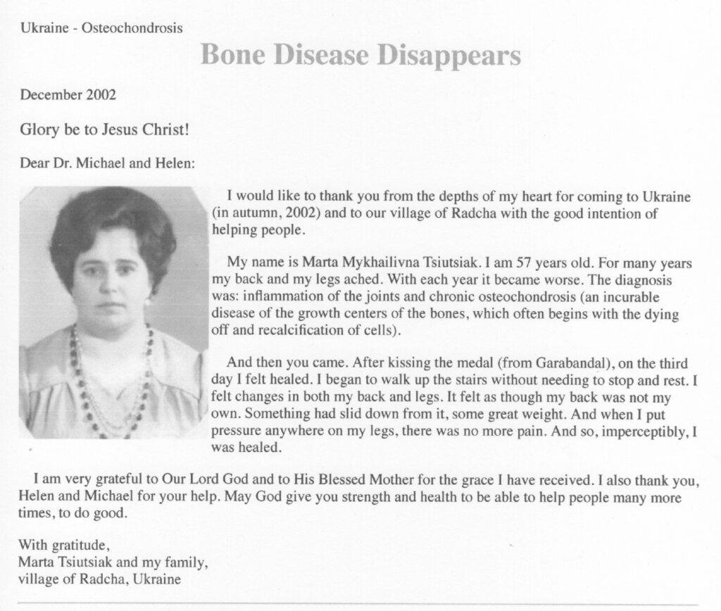 Testimonial letter about healing from bone disease.