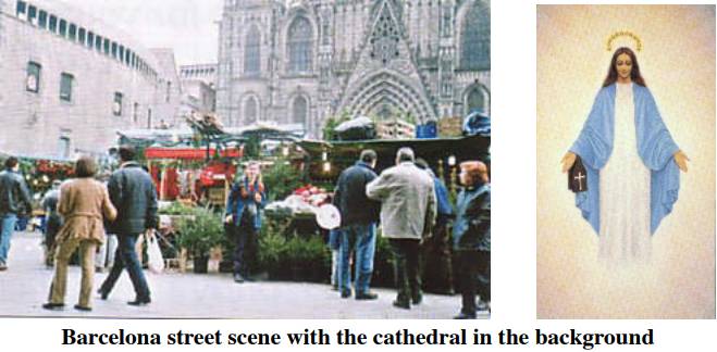 Barcelona street scene, cathedral in background.