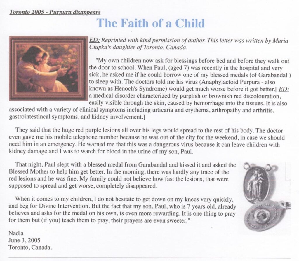 Letter about child's healing and faith story.
