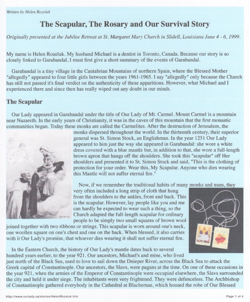 Religious article about Garabandal and survival story.