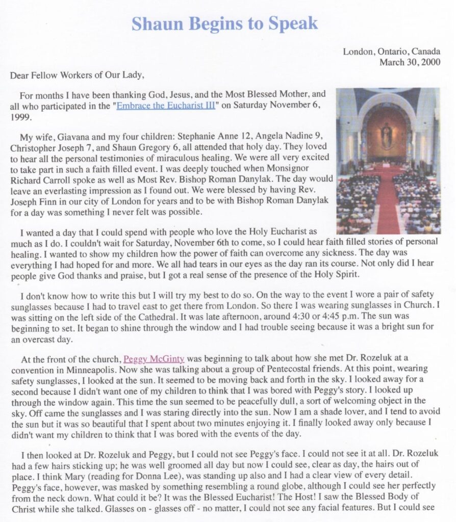 Letter about Eucharist experience with church photo.