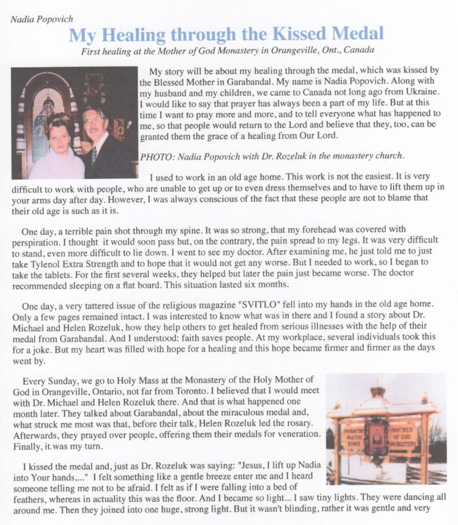 Article about healing through a kissed medal.