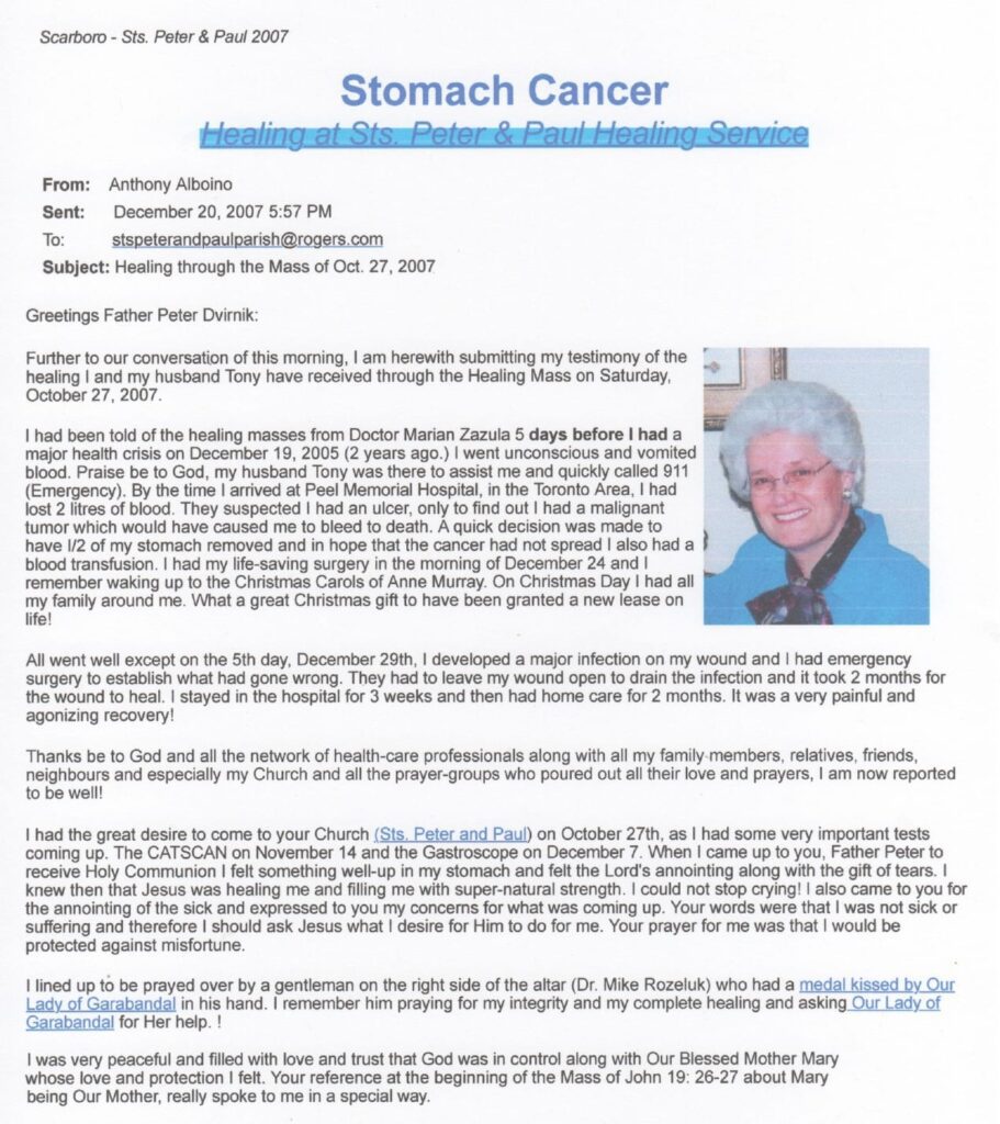 Testimonial letter about healing from stomach cancer.