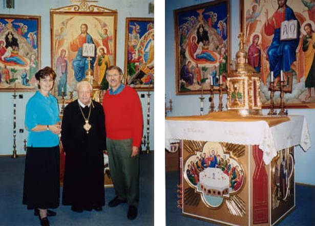 Three people in a decorated church.