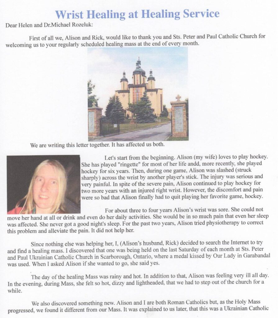 Church with healing service testimonial letter.