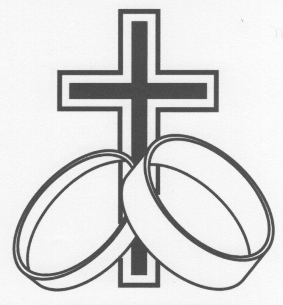 Cross with two overlapping wedding rings.